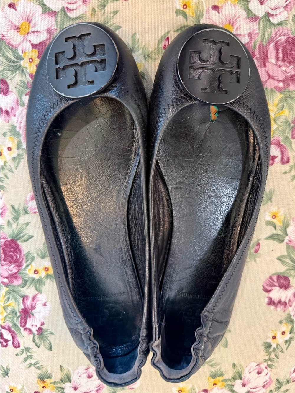 Tory Burch Reva Black Leather Logo Ballet Flats